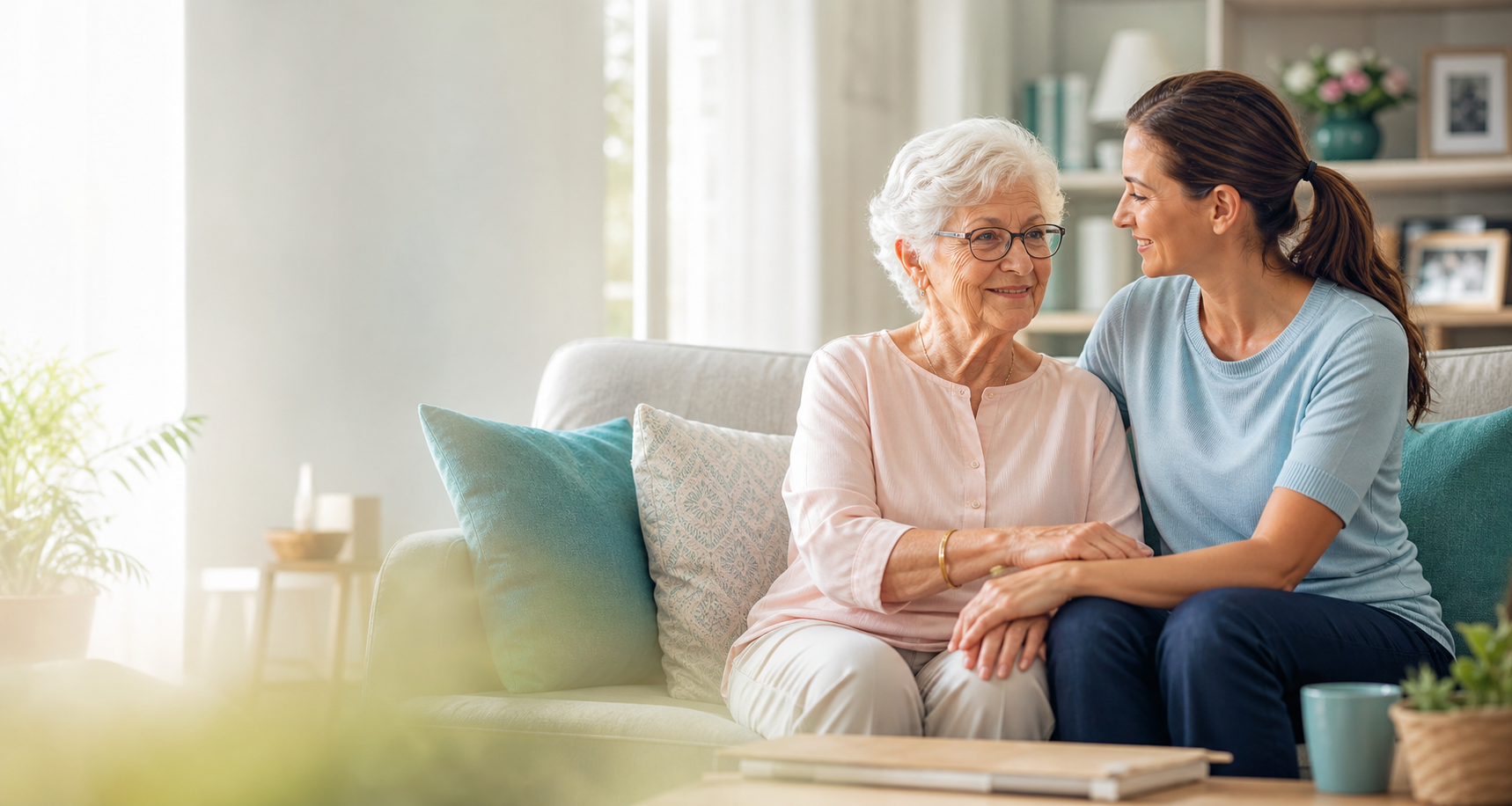 A caregiver sitting with an older adult in a bright home